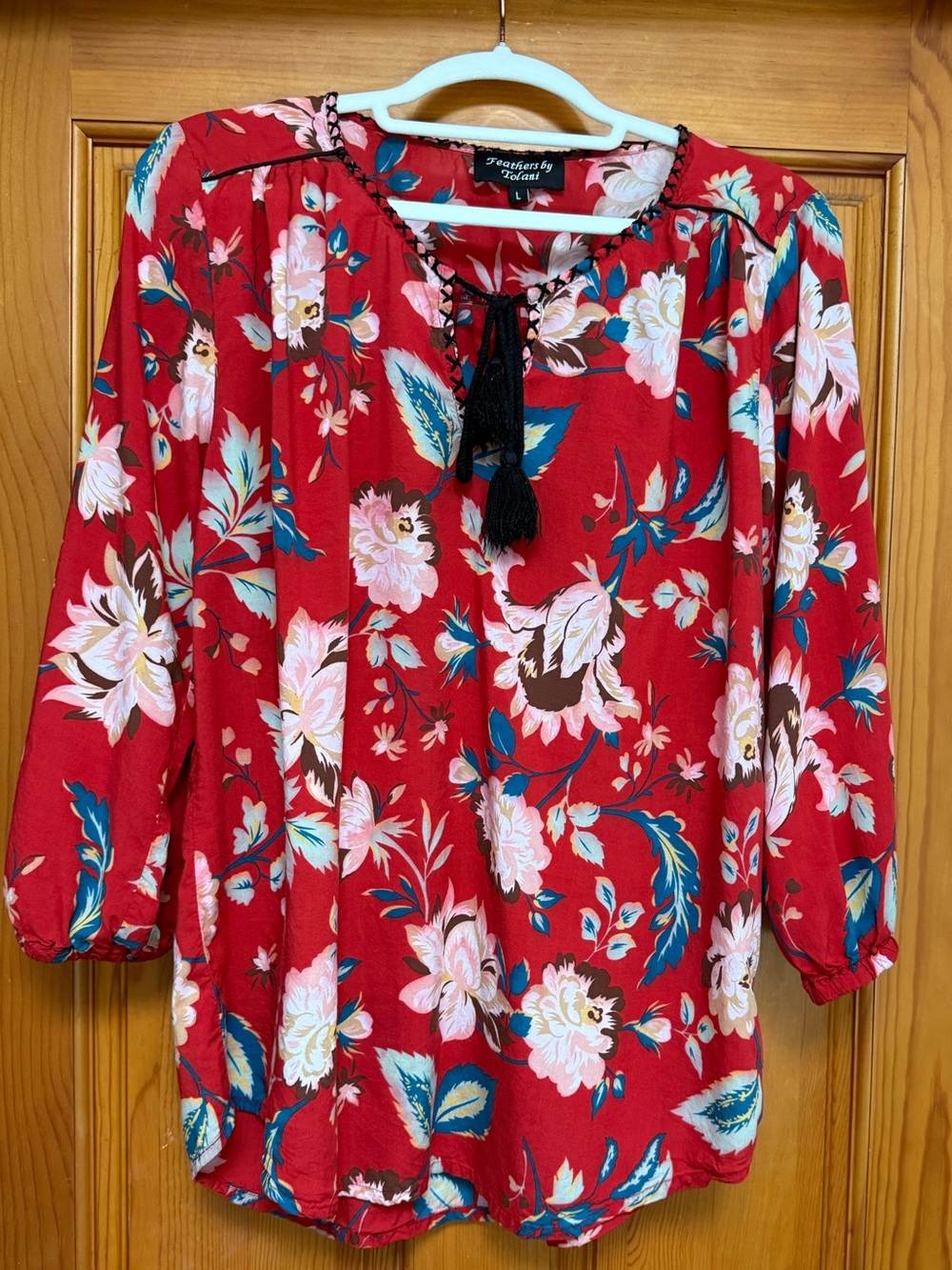 Tolani Red Floral Tassel Peasant Top